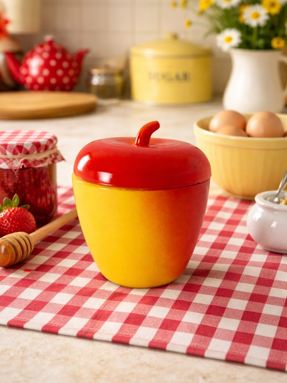 Vintage Hazel Atlas Milk Glass Apple Jar – Red & Yellow Kix Cereal Promo Jam Jar